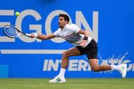 EASTBOURNE, ENGLAND - JUNE 29:  Novak Djokovic of Serbia hits a forehand during the men's singles quarter final match against Donald Young of The United States on day five of the Aegon International Eastbourne at Devonshire Park Lawn Tennis Club on June 29, 2017 in Eastbourne, England.  (Photo by Mike Hewitt/Getty Images)